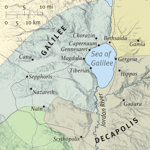 Figure 2. Notice Capernaum’s position compared to that of Nazareth in relation to the Sea of Galilee and the border of Roman territories (marked by the gray and yellow shading). Also, the Via Maris connecting Egypt to Europe and Asia would have skirted the west bank of the Sea of Galilee, passing through Capernaum.